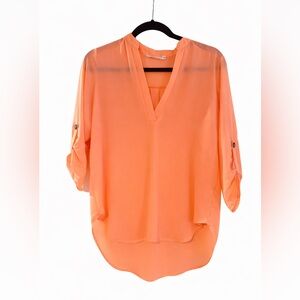 Lush Neon Coral V-Neck Roll Tab Blouse Size XS Lightweight Flowy Top